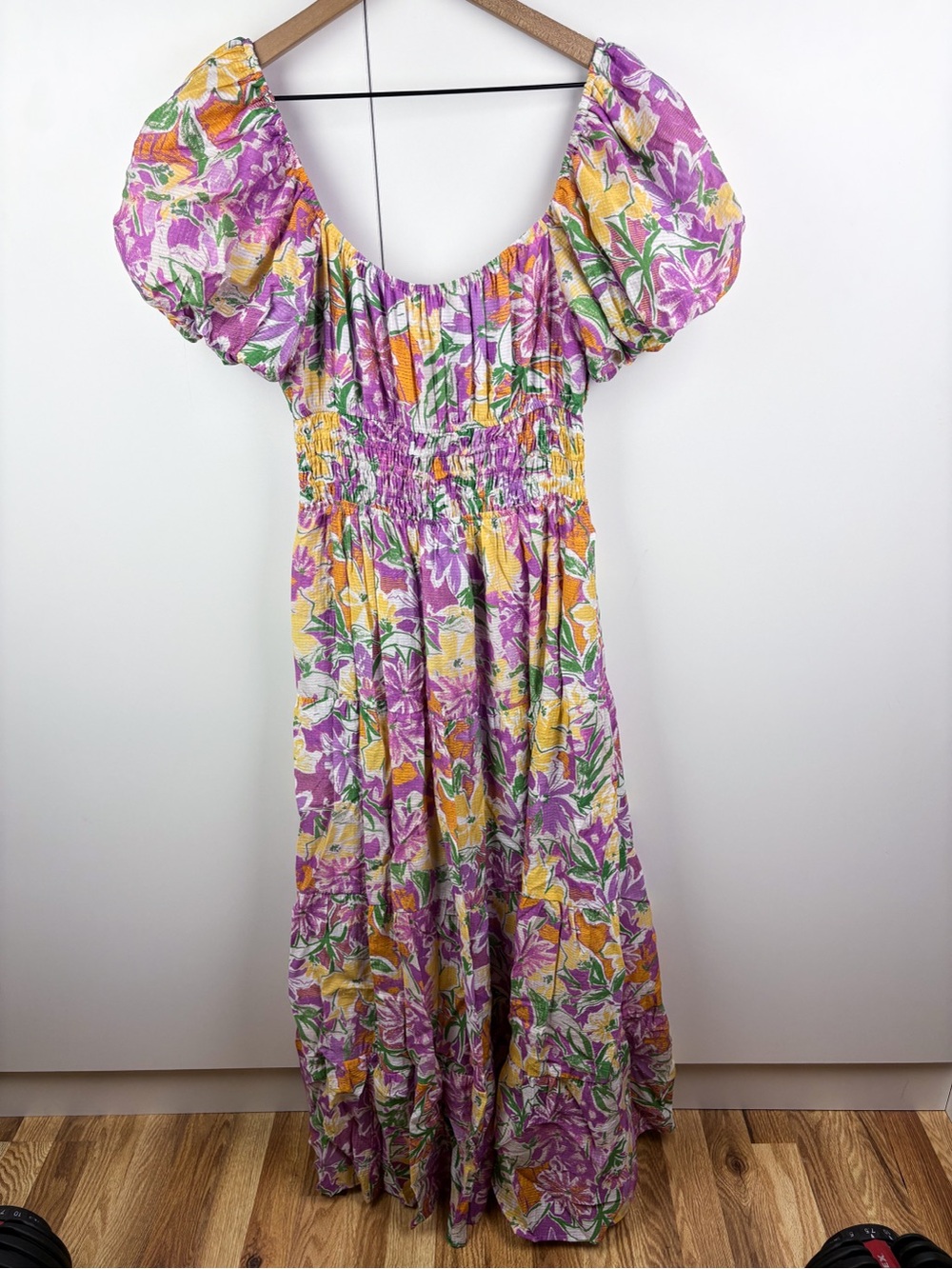 ASTR Florentina Maxi Dress Pink Floral Purple Green Yellow Small Smocked Puff - Picture 7 of 9